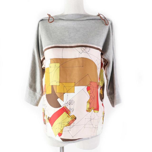 美品◎HERMES エルメス ECHEC AU ROI チェックメイト シルク コットン 袖ZIPデザイン ツイルレーヌ カットソー グレー マルチ 34 正規品の通販は 36,465円