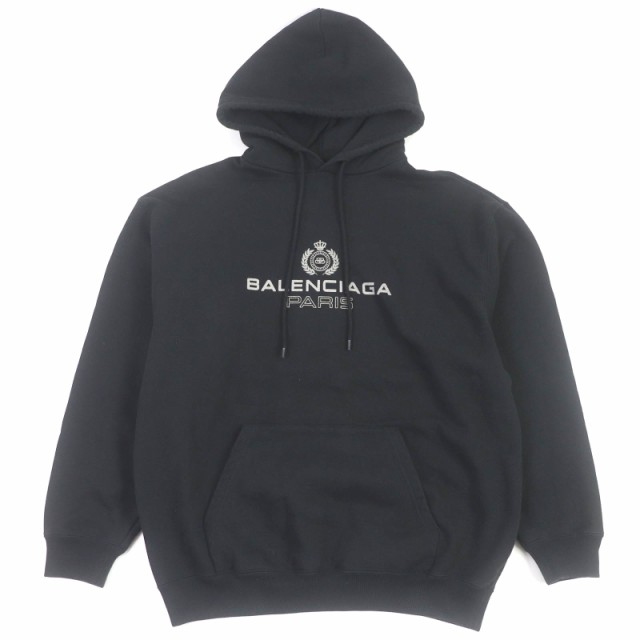 美品□BALENCIAGA バレンシアガ 570811 BBパリス ロゴプリント オーバーサイズ プルオーバー フーディー パーカー ブラック M 正規品