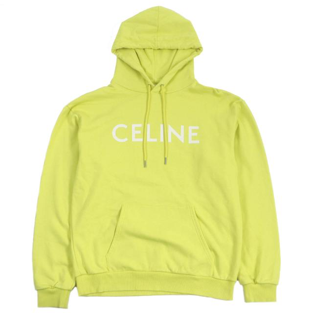 美品□CELINE セリーヌ 2Y369670Q ロゴプリント コットンフリース ルーズフーディー スウェットパーカー イエロー M イタリア製 正規品