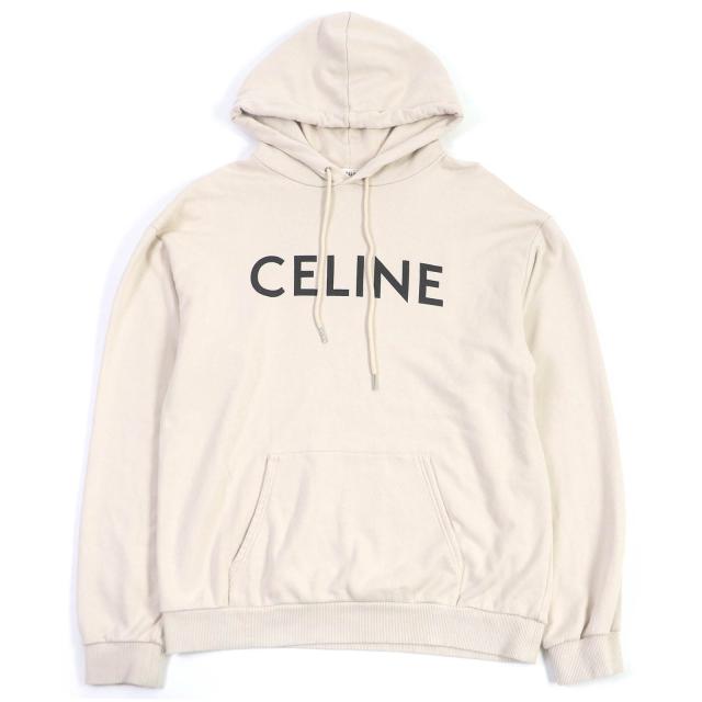 美品□セリーヌ 2Y321670Q コットンフリース ロゴプリント ルーズフーディー スウェットパーカー ベージュ系 L 伊製 正規品 定価143000円の通販は
