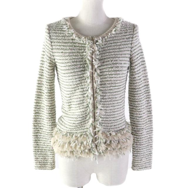 未使用品★Rene ルネ 6542100 ラビットファー付 ZIP UP ツイード ニット カーディガン ベージュ グリーン 34 日本製 正規品 レディースの通販は 12,705円