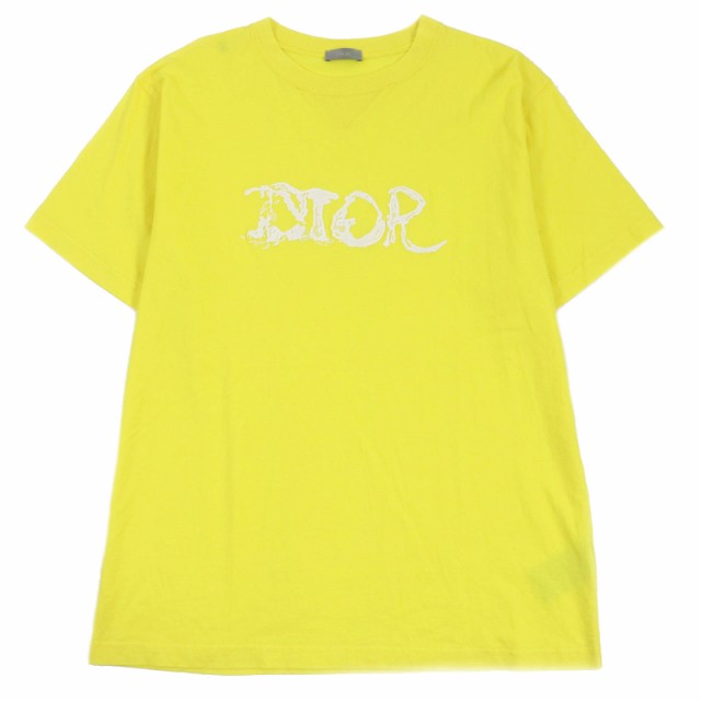 美品□DIOR ディオール オム 21AW 143J685C0677 ピータードイグ コラボ ロゴエンブロイダリー 半袖Ｔシャツ イエロー XL 伊製 正規品