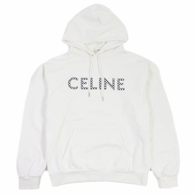 極美品□CELINE セリーヌ 2Y479052H コットン スタッズ チェッカーロゴプリント プルオーバー フーディー パーカー 白 S 伊製 正規品