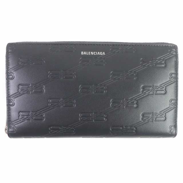 美品□BALENCIAGA バレンシアガ 717787 BBロゴ 型押し ラウンドファスナー レザーロングウォレット 長財布 黒 箱・保存袋付き イタリア製