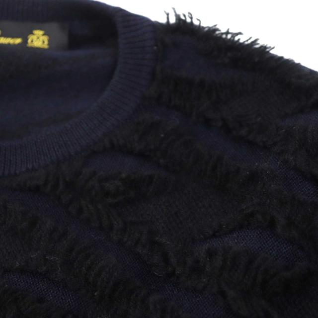 極美品◎DRAWER ドゥロワー 6513-106-0866 ウール カシミヤ ミンクパッチ フリンジクルー 長袖ニット 黒 紺 約M 正規品 