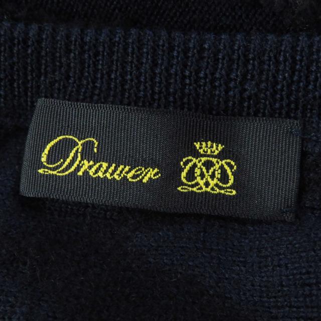 極美品◎DRAWER ドゥロワー 6513-106-0866 ウール カシミヤ ミンクパッチ フリンジクルー 長袖ニット 黒 紺 約M 正規品 