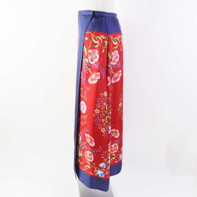 美品◎GUCCI グッチ 21年製 676553 シルク100％ ロゴ入り ボタニカルフラワー柄 ロング ラップスカート ネイビー レッド 36 伊製 正規品_1
