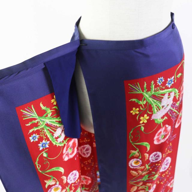 美品◎GUCCI グッチ 21年製 676553 シルク100％ ロゴ入り ボタニカルフラワー柄 ロング ラップスカート ネイビー レッド 36 伊製 正規品_3