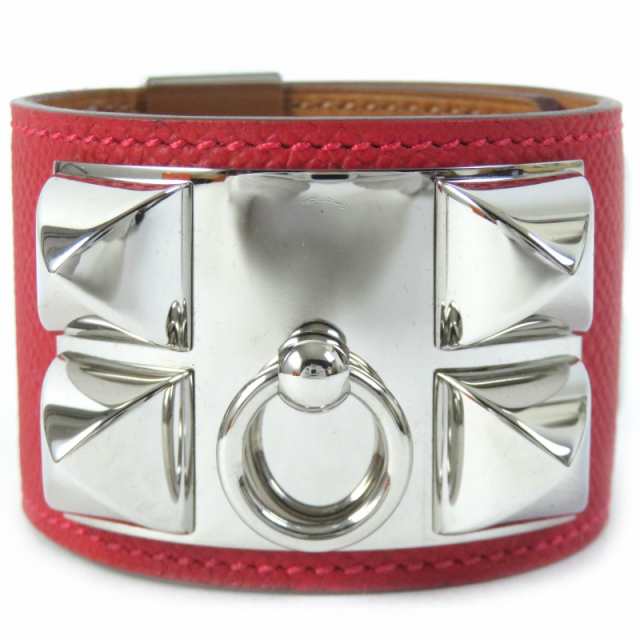 極美品△HERMES エルメス コリエドシアン シルバー金具 スタッズ レザー バングル ブレスレット レッド □R刻 箱袋付 仏製 レディースの通販は