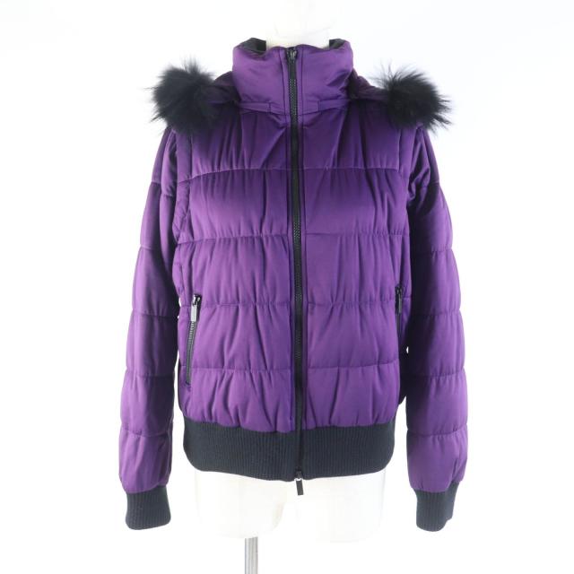 美品★バーバリーゴルフ E6F64-240-37 ラクーンファー・ラバーロゴワッペン付 ZIP UP 2way ダウンジャケット パープル 2 正規品