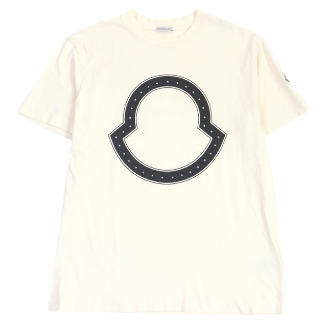 極美品□MONCLER モンクレール 21SS コットン ロゴプリント スタッズ クルーネック カットソー 半袖Ｔシャツ アイボリー L 正規品 メンズ