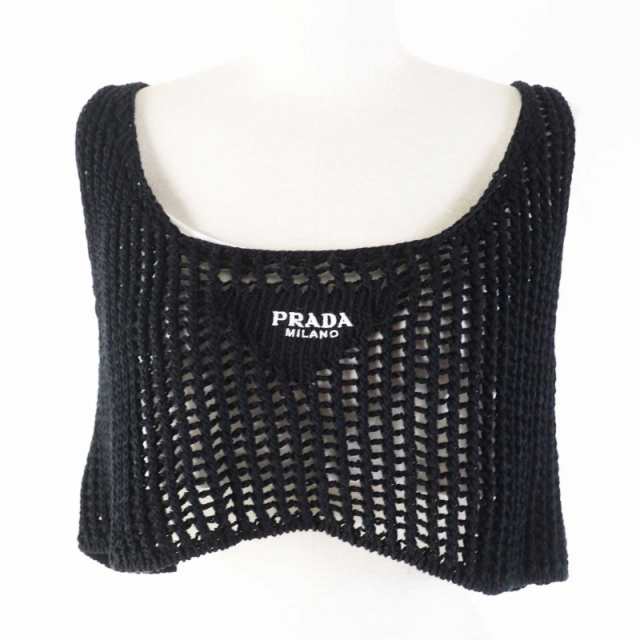 極美品◎PRADA プラダ 23SS P29980 コットン トライアングルロゴ刺繍 メッシュクロップド丈 ノースリトップス ブラック ホワイト 36 伊製