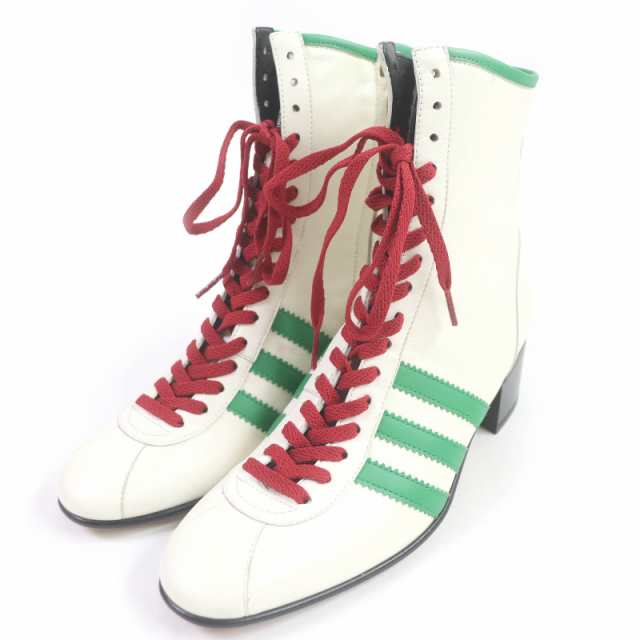 未使用品□GUCCI グッチ adidas 714871 スリーストライプス レザー レースアップ アンクルブーツ ホワイト 7 保存袋付き イタリア製