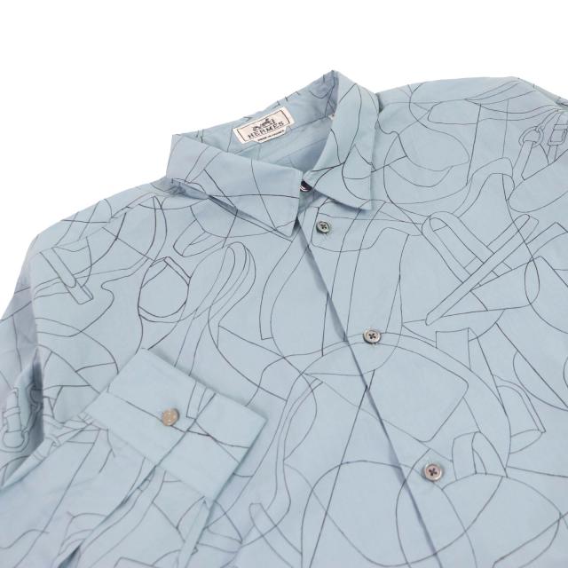 未使用品□HERMES エルメス 24SS Selles en Fragments Finesse セリエボタン スポーティーシャツ シエル・クーヴェル 44 正規品_1