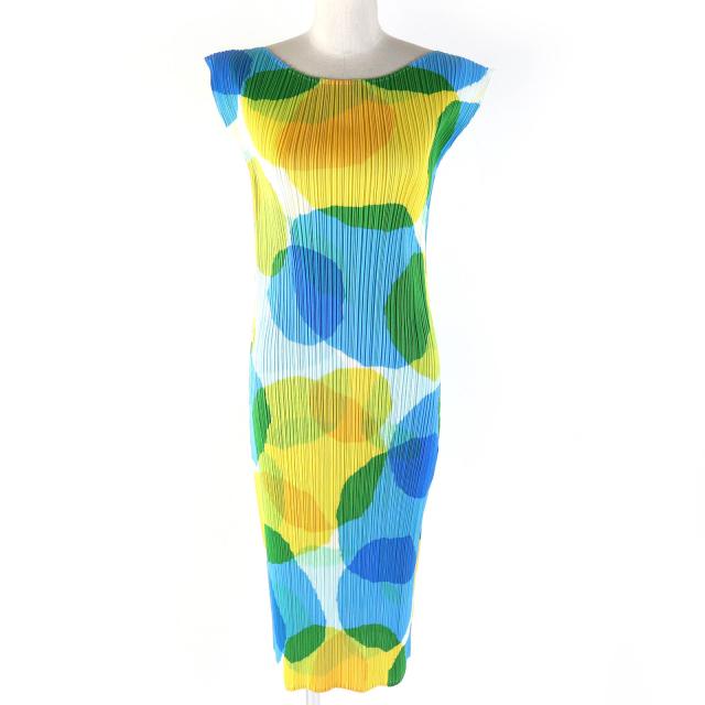 極美品△PLEATS PLEASE プリーツプリーズ イッセイミヤケ PP81-JH715 水玉 総柄 circle bubble ノースリーブ ロングワンピース 3 正規品