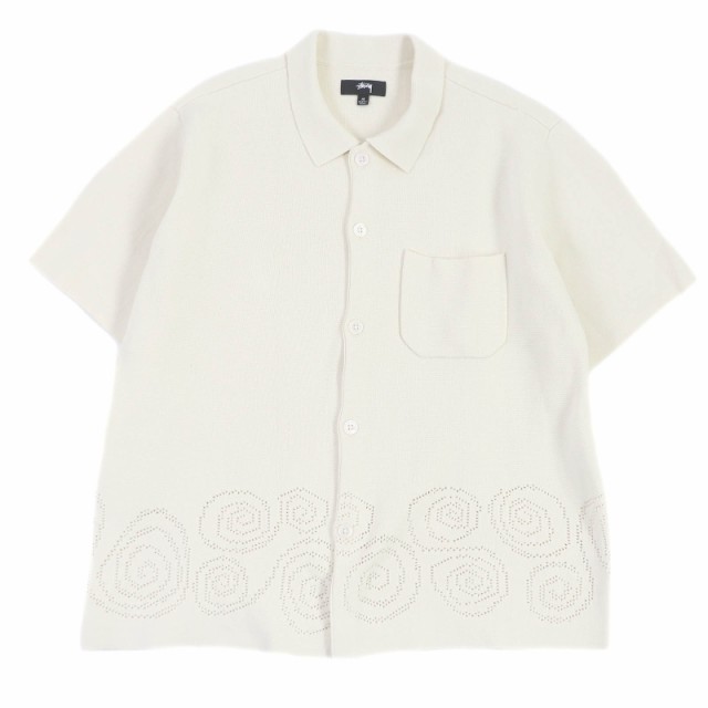 極美品□STUSSY ステューシー 23SS Perforated Swirl Knit Shirt コットン パーフォレーテッド 半袖 ニットシャツ アイボリー M 正規品