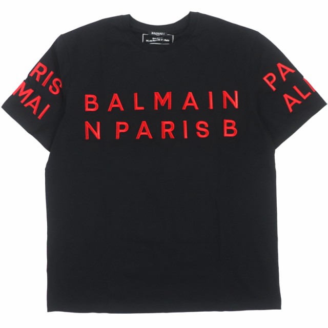 未使用品▼BALMAIN バルマン コットン100% ロゴ刺繍 クルーネック ハーフスリーブ 半袖Ｔシャツ ブラック レッド XXL メンズ