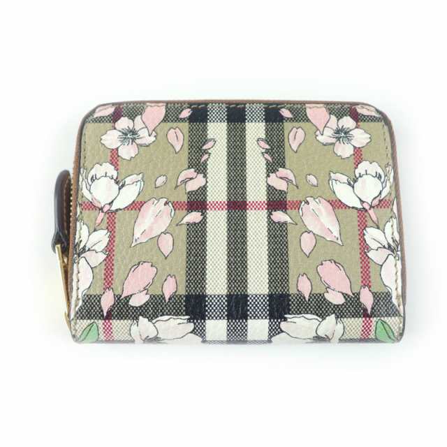 美品★BURBERRY バーバリー 8067139 桜 ノバチェック柄 ラウンドZIP レザー コインケース 財布 ベージュ系 保存袋付き レディース