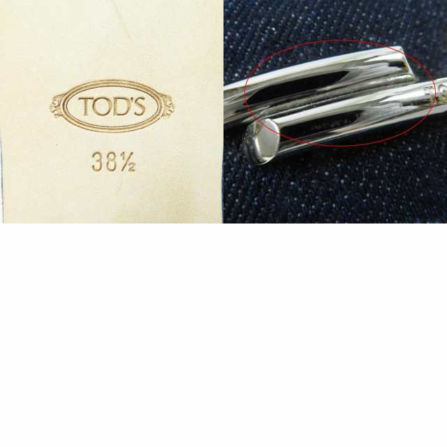 極美品◎TOD’S トッズ ダブルT ダメージ加工 デニム レザー スリッポン／ミュール インディゴブルー シルバー金具 38.5 保存袋付き 伊製