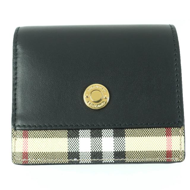 極美品☆BURBERRY バーバリー 8062285 ノバチェック柄 レザー コンパクトウォレット 二つ折り財布 ブラック 保存袋付き レディースの通販は