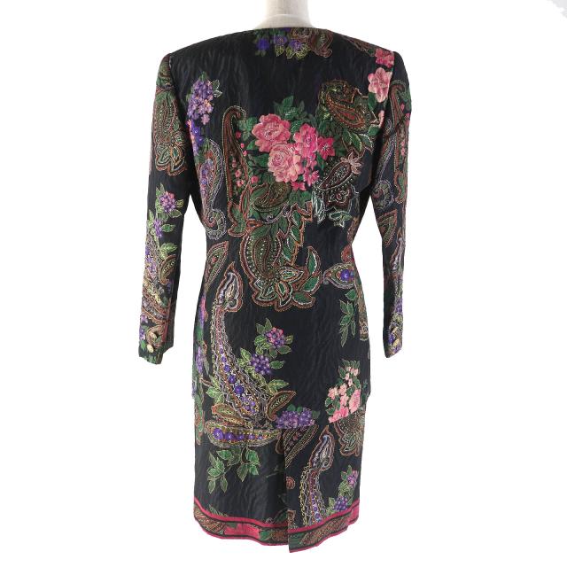 極美△LEONARD FASHION レオナール ファッション シルク ウール ペイズリー 花柄 ノーカラージャケット タイトスカート セットアップ 9AR_2