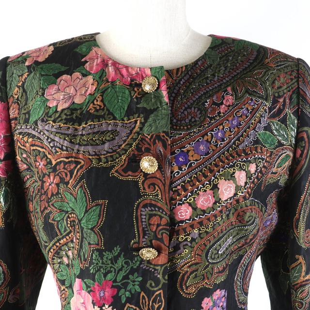 極美△LEONARD FASHION レオナール ファッション シルク ウール ペイズリー 花柄 ノーカラージャケット タイトスカート セットアップ 9AR_3