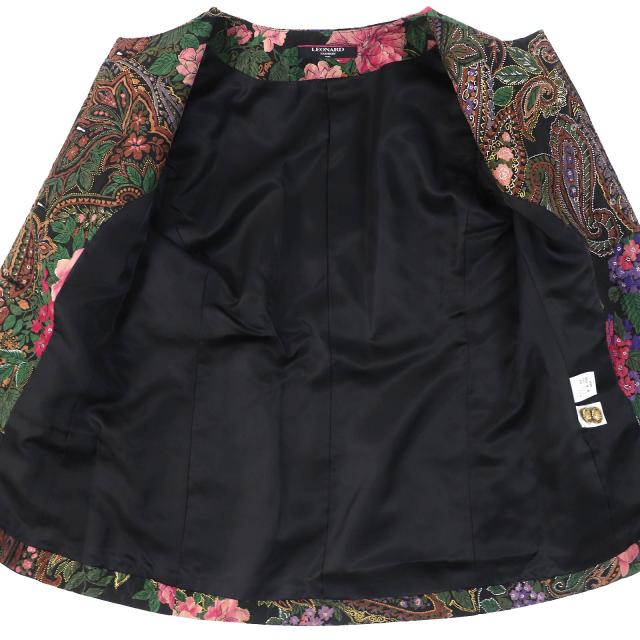 極美△LEONARD FASHION レオナール ファッション シルク ウール ペイズリー 花柄 ノーカラージャケット タイトスカート セットアップ 9AR_4