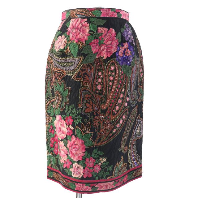 極美△LEONARD FASHION レオナール ファッション シルク ウール ペイズリー 花柄 ノーカラージャケット タイトスカート セットアップ 9AR_5