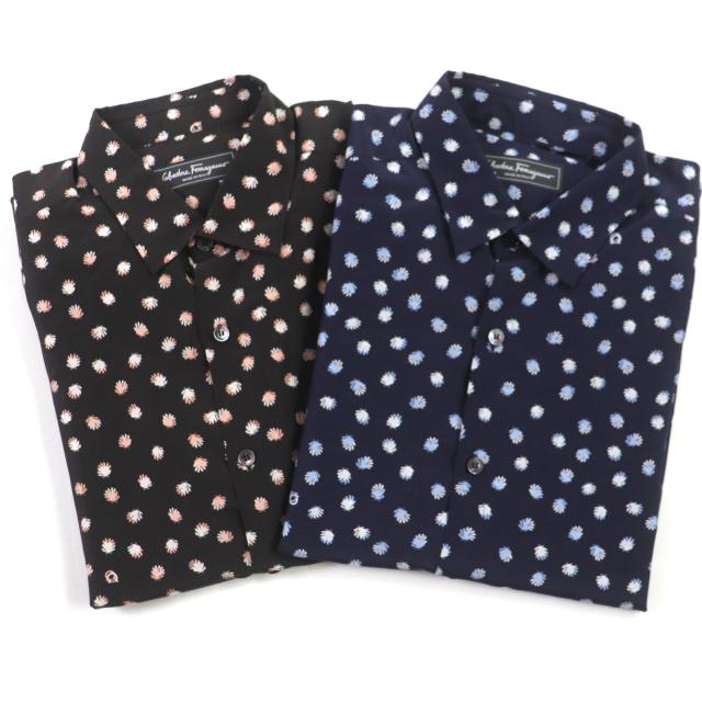 美品▼Salvatore Ferragamo サルヴァトーレフェラガモ シルク55% 総柄 ガンチーニ ロゴ入りボタン 長袖シャツ 2点セット M 正規品 メンズの通販は