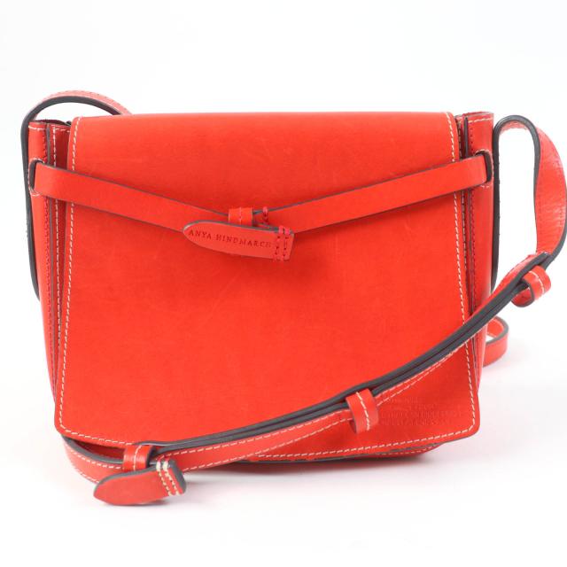 美品☆ANYA HINDMARCH  アニヤ ハインドマーチ RETURN TO NATURE ロゴ刻印 レザーショルダーバッグ クロスボディ 朱色 定価110000円