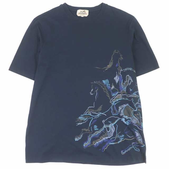 極美品□HERMES エルメス 2022年製 カヴァルカードプリント コットン100％ 半袖Ｔシャツ カットソー ネイビー S イタリア製 正規品