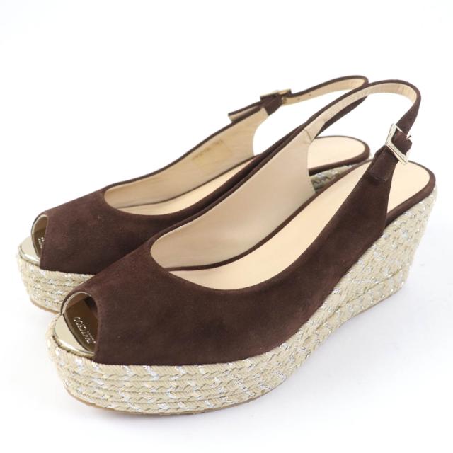 極美品☆JIMMY CHOO ジミーチュウ PRAISE オープントゥ バックストラップ ウェッジソール スウェードレザー サンダル ブラウン 38.5の通販は