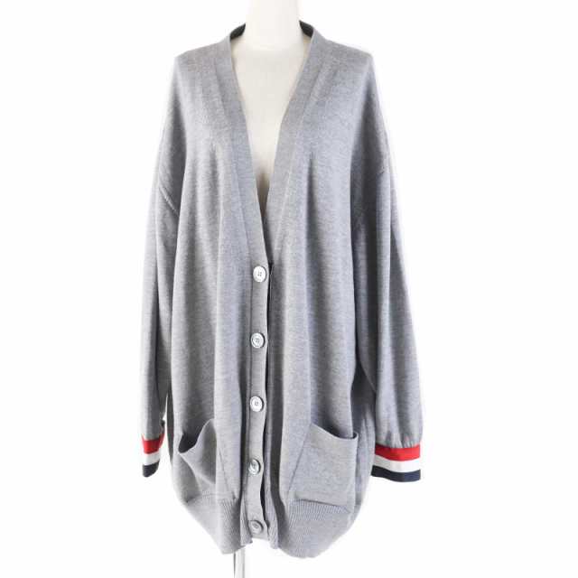 極美品◎THOM BROWNE トムブラウン FKC246A ウール RWBカフス オーバーサイズ メリノ カーディガン グレー 42 伊製 正規品 レディース