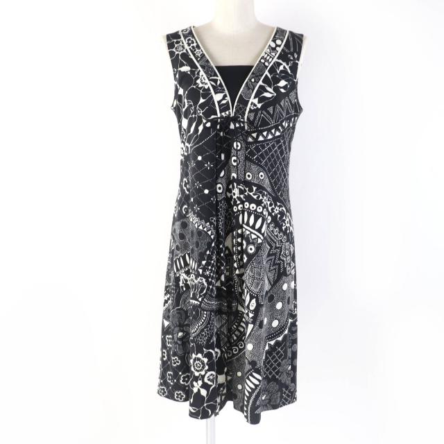 極美品☆LEONARD FASHION レオナール ファッション 0330802 コットン100％ 総柄 ノースリーブ ワンピース ブラック 40 正規品 レディース