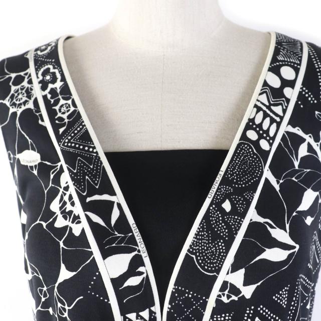 極美品☆LEONARD FASHION レオナール ファッション 0330802 コットン100％ 総柄 ノースリーブ ワンピース ブラック 40 正規品 レディース_3