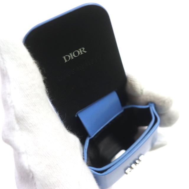 美品▼DIOR ディオール オム レザー ロゴ金具付き イヤホンケース AirPods ライトブルー シルバー 保存袋付き イタリア製 メンズ_3