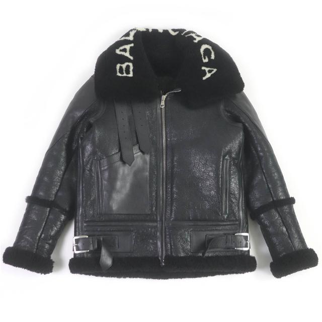 極美品□BALENCIAGA バレンシアガ 436548 Bombardier Shearling Jacket 羊革 襟元ロゴ ムートン フライトジャケット ブラック 36 正規品