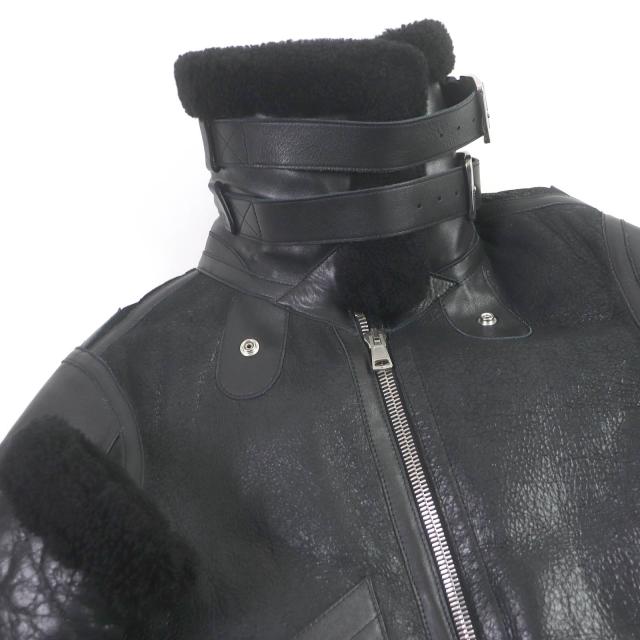 極美品□BALENCIAGA バレンシアガ 436548 Bombardier Shearling Jacket 羊革 襟元ロゴ ムートン フライトジャケット ブラック 36 正規品