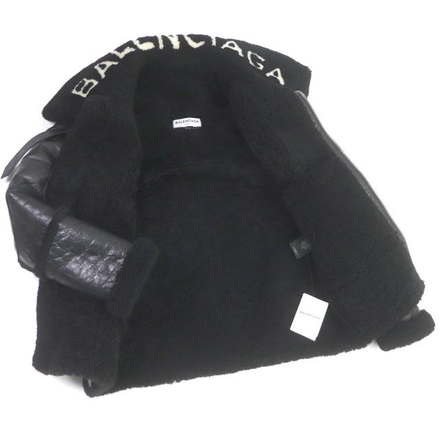 極美品□BALENCIAGA バレンシアガ 436548 Bombardier Shearling Jacket 羊革 襟元ロゴ ムートン フライトジャケット ブラック 36 正規品