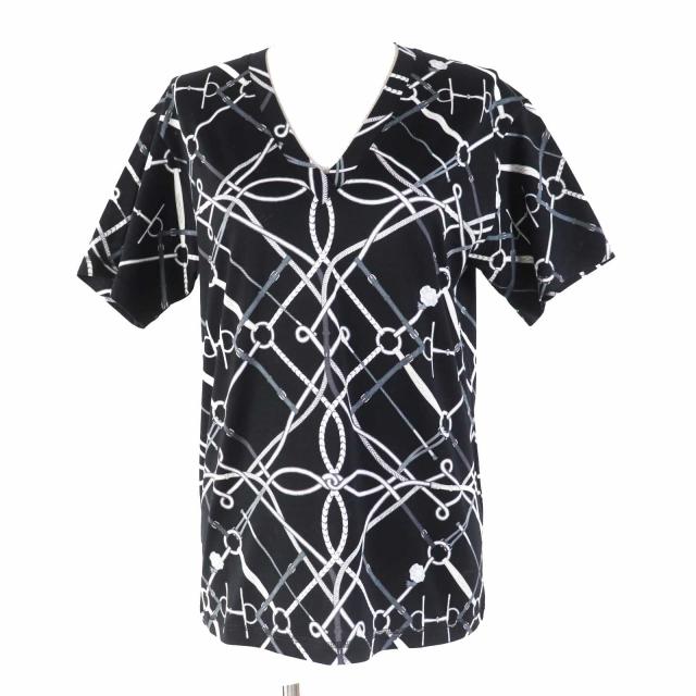 極美品◎HERMES エルメス 21SS PARCOURS SANS FAUTE 完璧なコース コットン Vネック 半袖Ｔシャツ ブラック 34 仏製 正規品 レディース