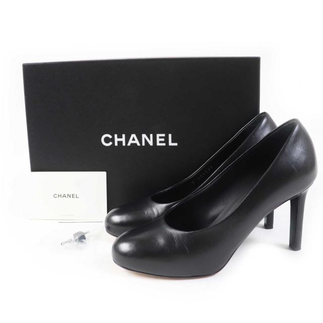 美品◎CHANEL シャネル G35025 ココマーク付き ラウンドトゥ レザー パンプス ブラック ゴールド金具 36 箱付き イタリア製 レディース