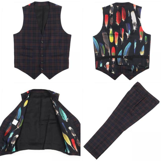 美品 Paul Smith 裏地フェザー柄 スーツ 3ピース チェック柄 現行品 美品 Paul Smith 裏地フェザー柄 スーツ 3ピース チェック柄 現行品
