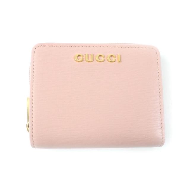 極美品★GUCCI グッチ 772639 スクリプト ミニ ウォレット ロゴ金具付 レザー 二つ折り財布 ライトピンク 箱付き レディース 