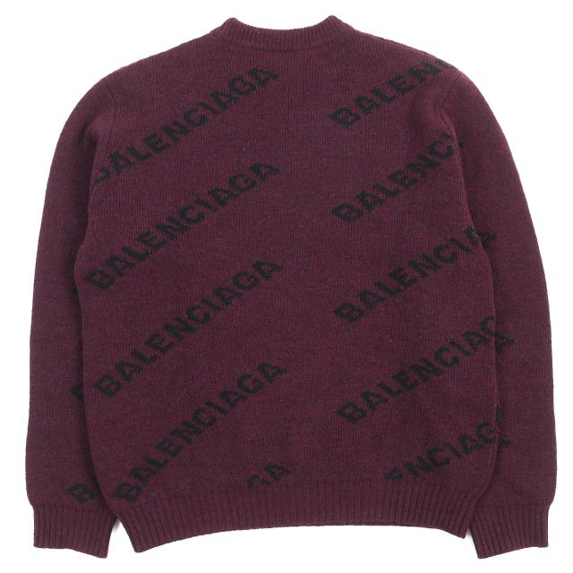 極美△BALENCIAGA バレンシアガ 534493 ALL OVER LOGO ウール ラウンドネック ロングスリーブ ニット セーター ボルドー M 正規品 メンズ_1