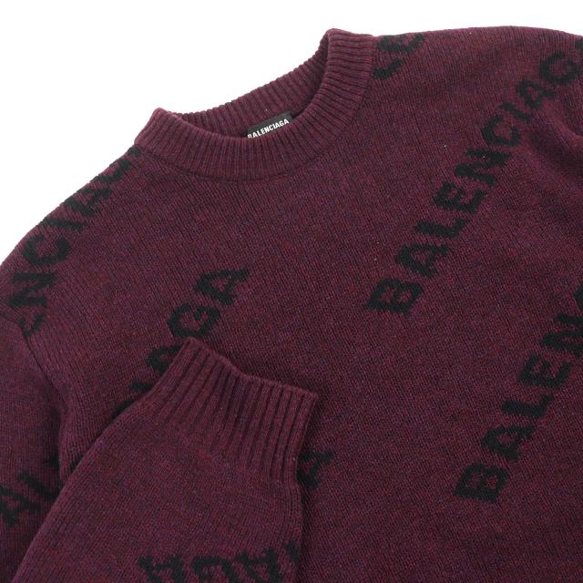 極美△BALENCIAGA バレンシアガ 534493 ALL OVER LOGO ウール ラウンドネック ロングスリーブ ニット セーター ボルドー M 正規品 メンズ_2