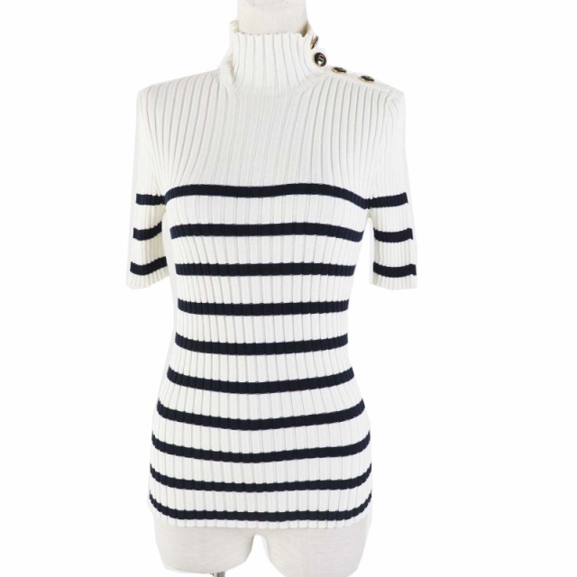 極美品◎Christian Dior クリスチャンディオール 114S48AM725 コットン ロゴボタン ボーダー柄 ハイネック 半袖ニット 白 黒 38 正規品の通販は