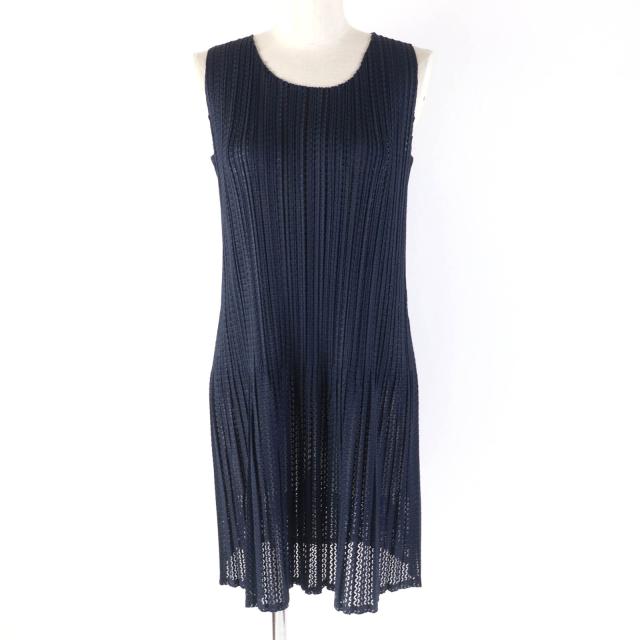 極美品☆PLEATS PLEASE プリーツプリーズ PP11-JT685 ノースリーブ メッシュフレア チュニック ワンピース ダークネイビー 3 正規品