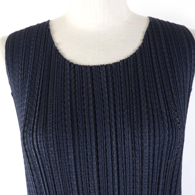 極美品☆PLEATS PLEASE プリーツプリーズ PP11-JT685 ノースリーブ メッシュフレア チュニック ワンピース ダークネイビー 3 正規品_3