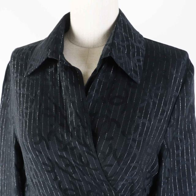 美品◎CHANEL シャネル 23P P74411 シルク ココマーク総柄・ストライプ柄 カシュクール 長袖シャツ ブラック シルバー 40 仏製 レディース_1
