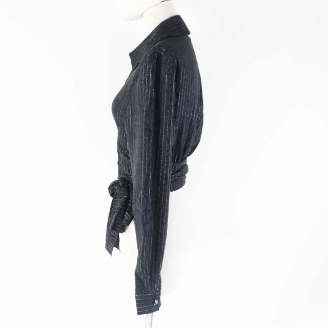 美品◎CHANEL シャネル 23P P74411 シルク ココマーク総柄・ストライプ柄 カシュクール 長袖シャツ ブラック シルバー 40 仏製 レディース_2